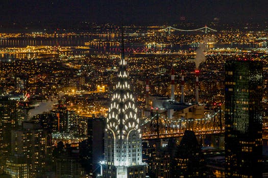 Dazzling nighttime view of New York City's iconic Chrysler Building and urban skyline.