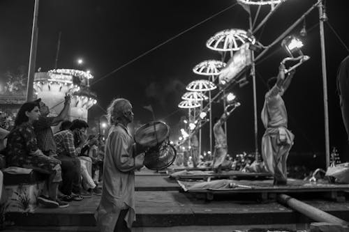 Men Performing the Hindu Ganga Aarti Ritual in Varanasi