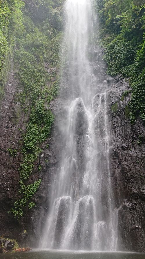 Free Vertical view of a cascading waterfall surrounded by vibrant foliage in a serene forest setting. Stock Photo