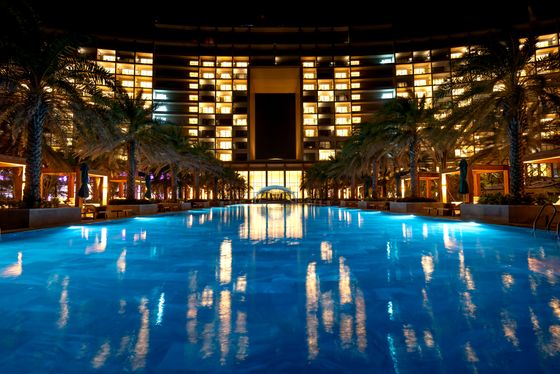 Resort pool lit at night under palms, by Quang Nguyen Vinh on Pexels