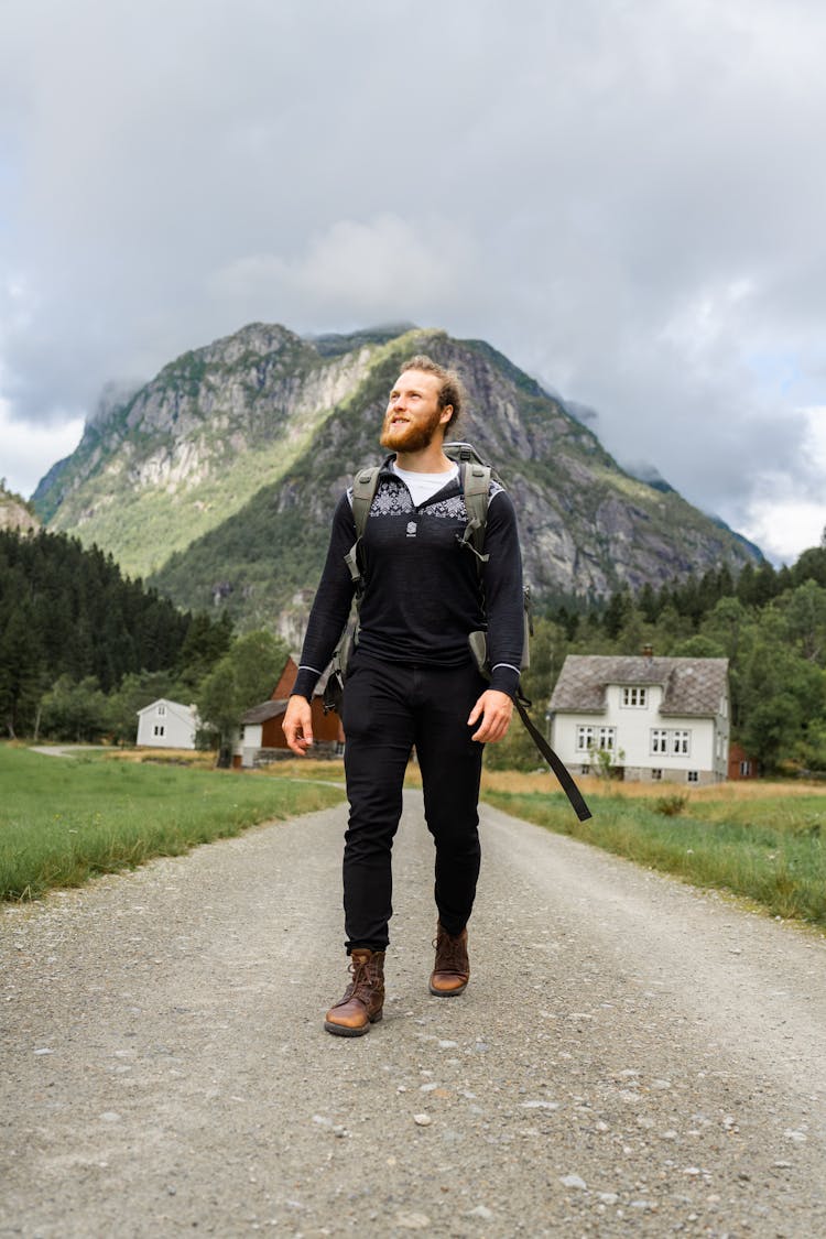 Young Bearded Man On Lonely Hike In Norway