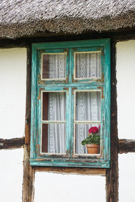 Weathered window with lace curtains and potted flower adding rustic charm.