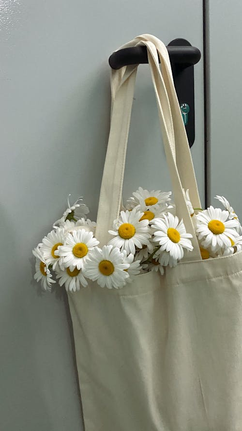 Tote Bag with Daisy Flowers Hanging on Door