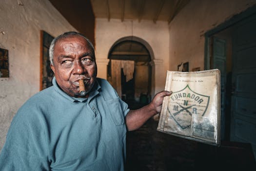 Elderly man smoking a cigar while holding a historical document indoors.
