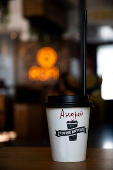 Close-up of a disposable coffee cup with bold typography and a straw in a cozy café setting.
