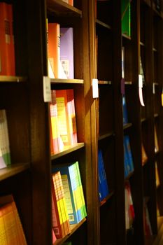 Row of shelves with colorful books in a warm-lit library setting.
