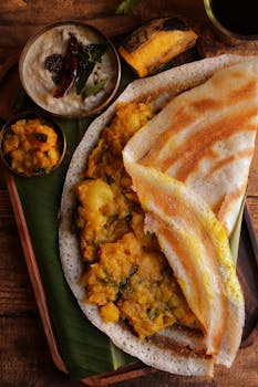 Close-up of crispy masala dosa served with coconut chutney and sambar.