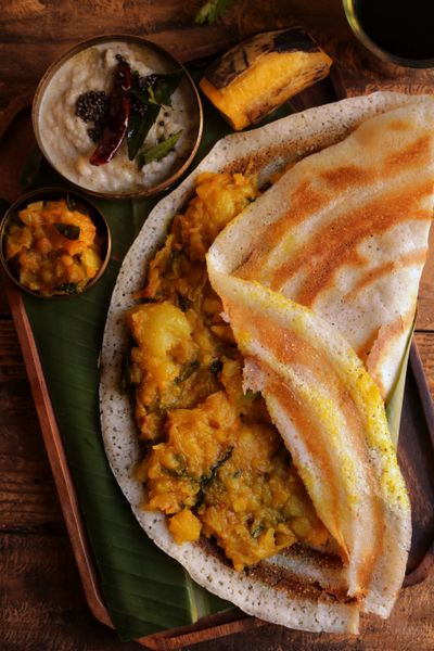 Crispy masala dosa with coconut chutney and sambar