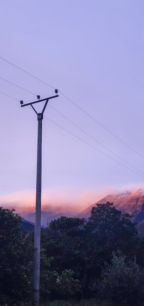 Free stock photo of electric poles, mountains view, pink