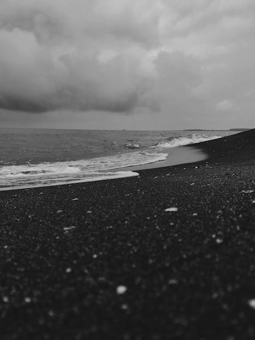 Grayscale Photo of Beach Shore