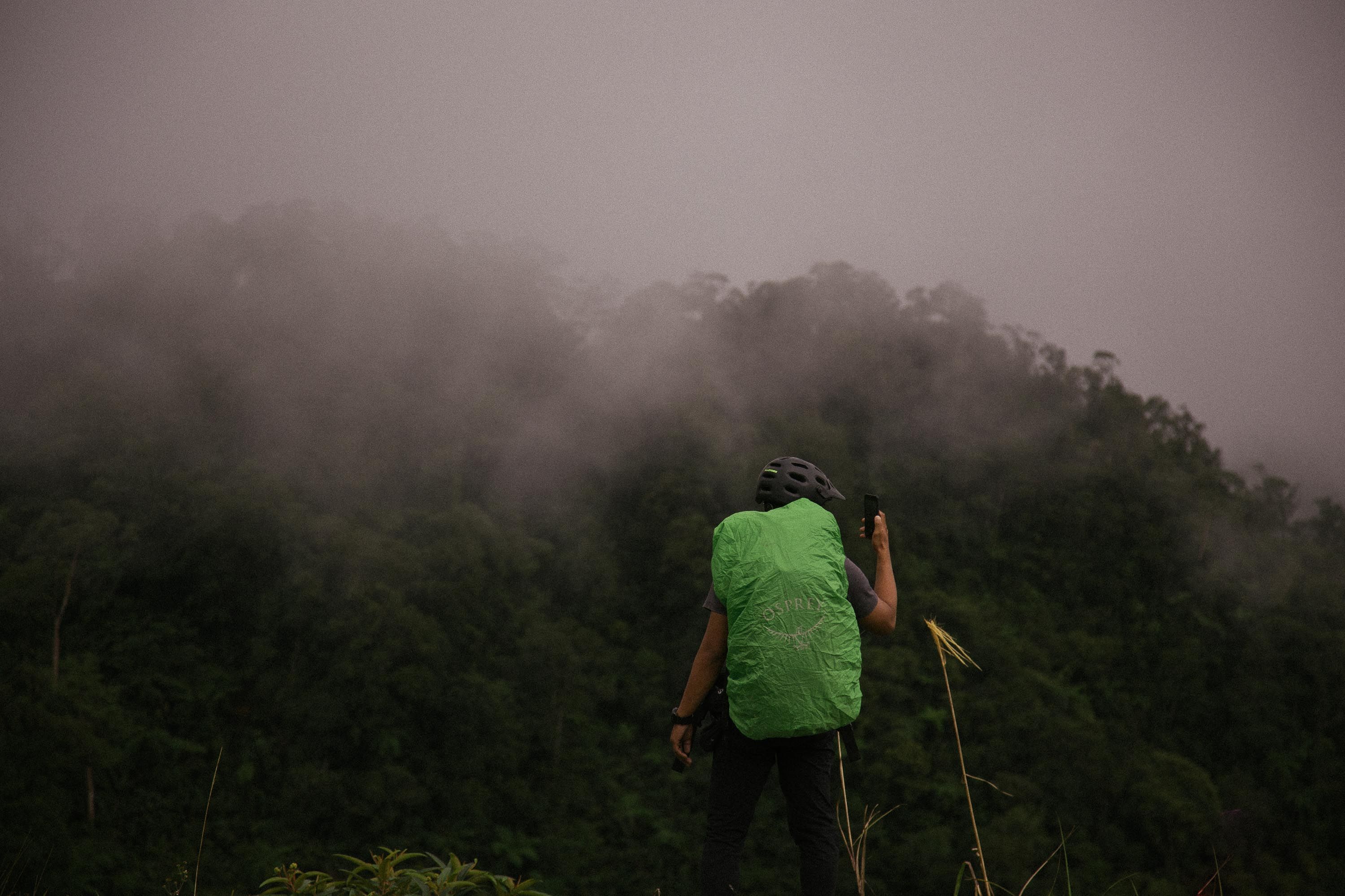 A traveler holding a phone with a strong signal sign in a jungle