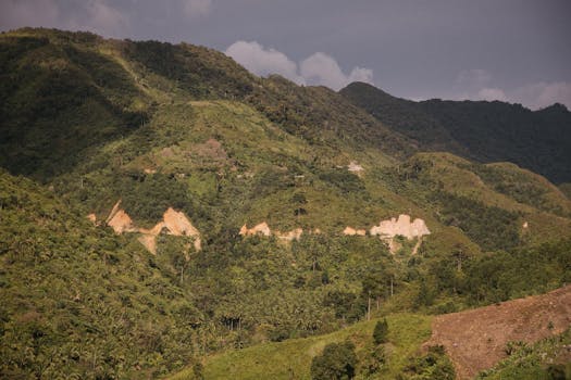 Scenic view of verdant mountain terrain with dense forest under a partially cloudy sky.