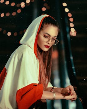 Portrait of a woman in a hooded cloak with glasses. Soft bokeh lights add a warm ambience.
