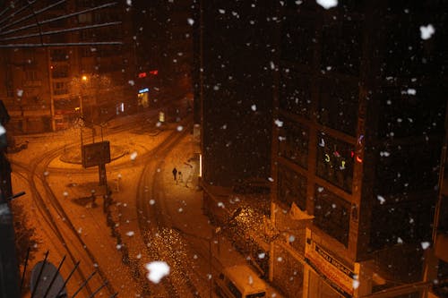 Aerial Photography of a Person Walking on the Street During Snowfall