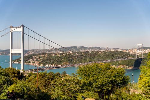 Free Scenic view of the Fatih Sultan Mehmet Bridge spanning the Bosphorus in Istanbul, Turkey. Stock Photo