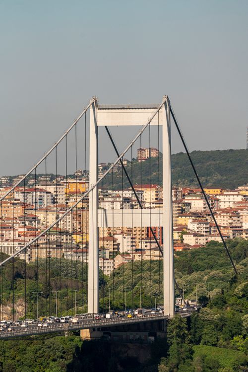 Free Striking aerial shot of the Fatih Sultan Mehmet Bridge over Bosphorus Strait, Istanbul, on a sunny day. Stock Photo