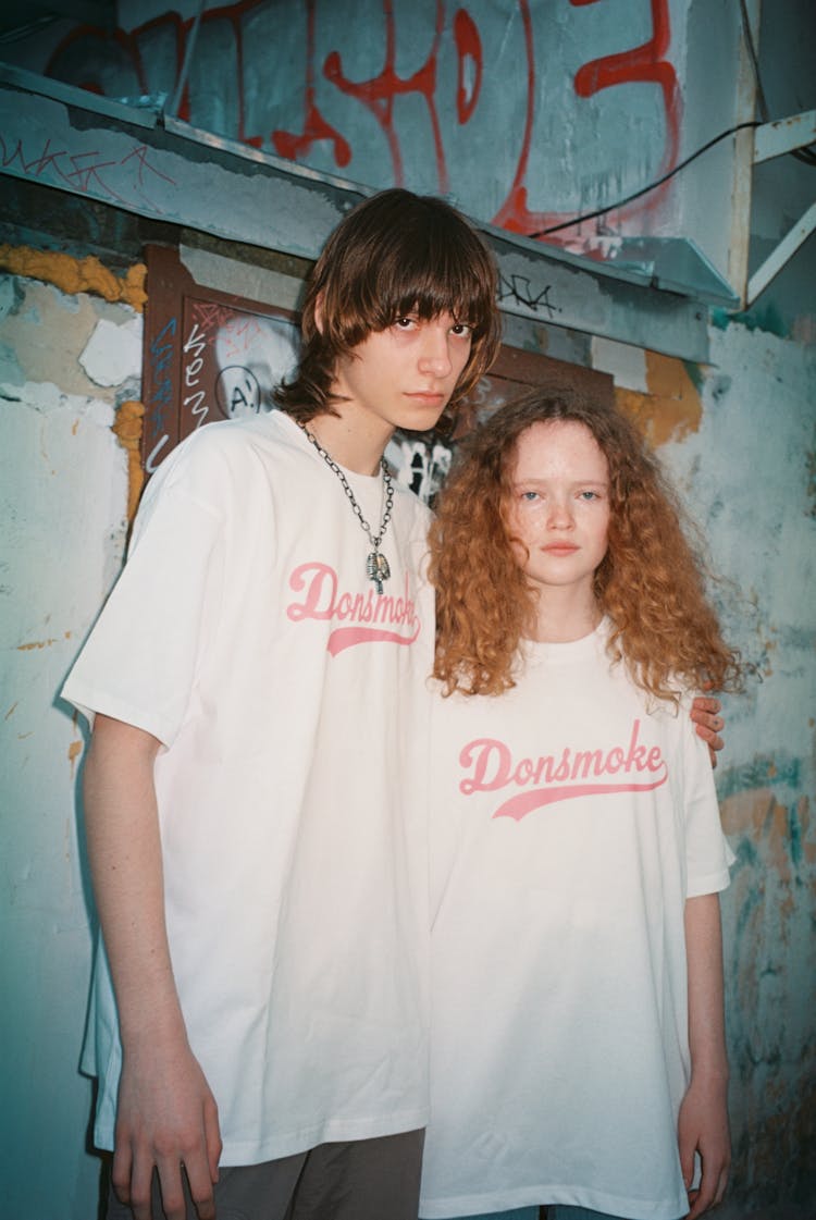 Street Photography Of Teenage Boy And Girl In White T-shirts