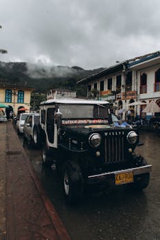 Black vintage SUV parked on a rainy street with misty mountains in the background and local shops nearby.