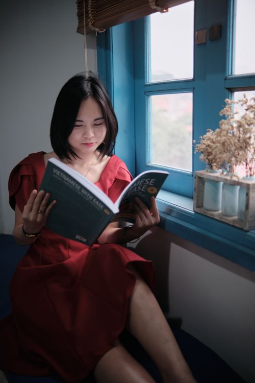 Free A woman reads near a window, the soft light accentuating a peaceful atmosphere. Stock Photo