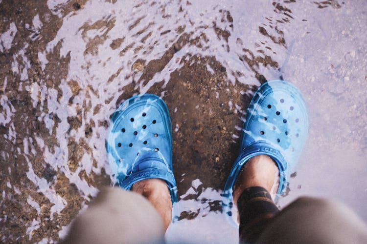 Person Wearing Blue Rubber Clogs