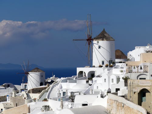 Drone Shot of Windmills in Santorini