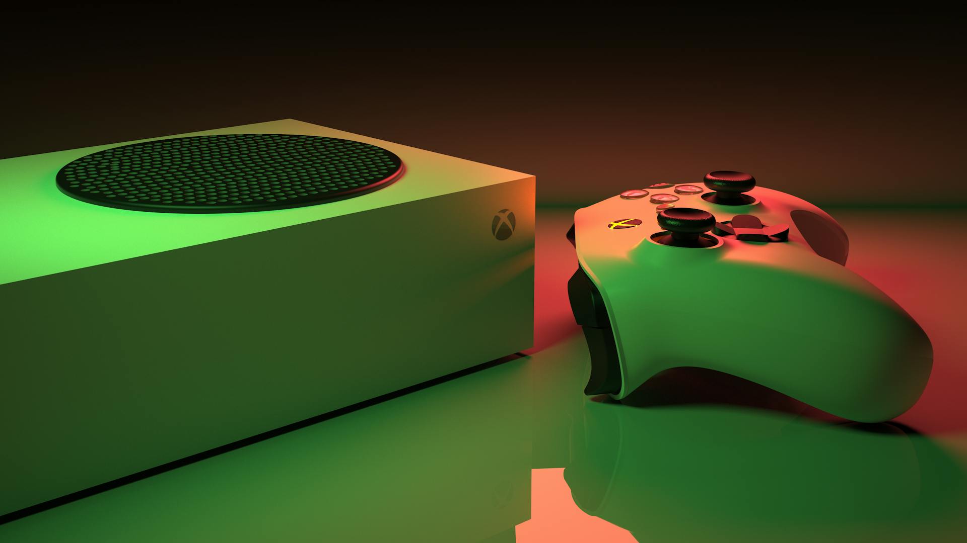 Close-up of an Xbox Series console and controller with dynamic lighting, showcasing modern gaming technology.