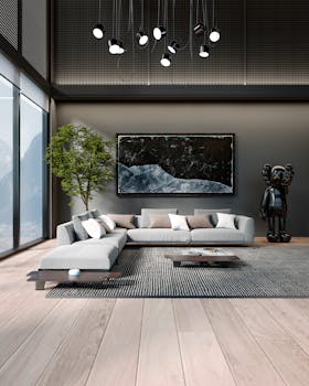 A minimalist living room with modern decor and mountain view, featuring a large sofa and indoor plant.
