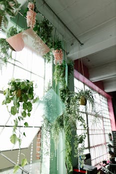 Stylish indoor vertical garden with various plants hanging near a large window, creating a fresh look.