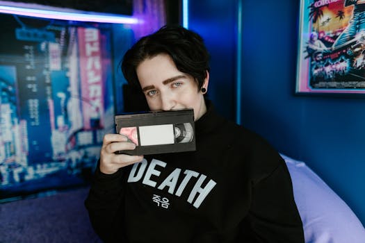 Young person in retro-themed room holding a VHS tape, blending vintage and modern aesthetics.