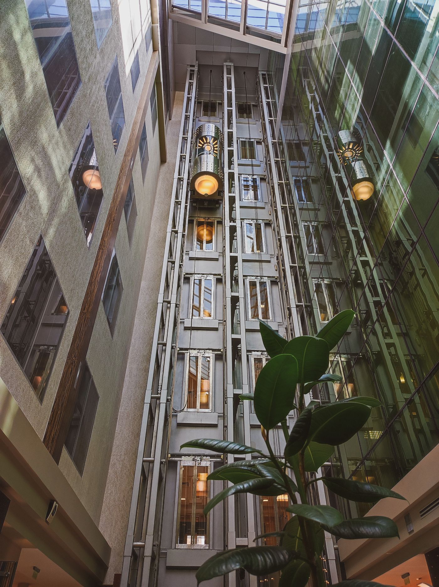 Architectural glass elevators integrated into a residential atrium