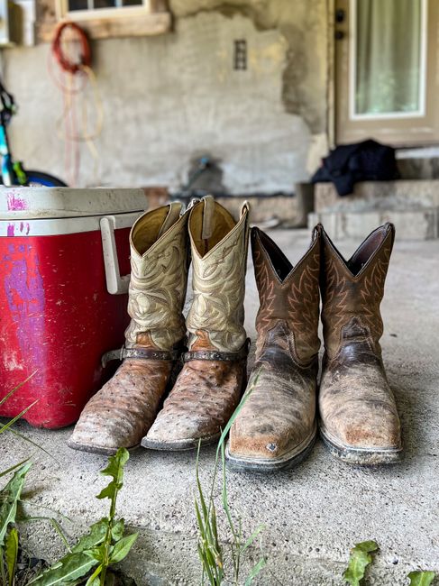 Photo by Blue Arauz on Pexels Worn cowboy boots beside a weathered cooler on a rustic porch.