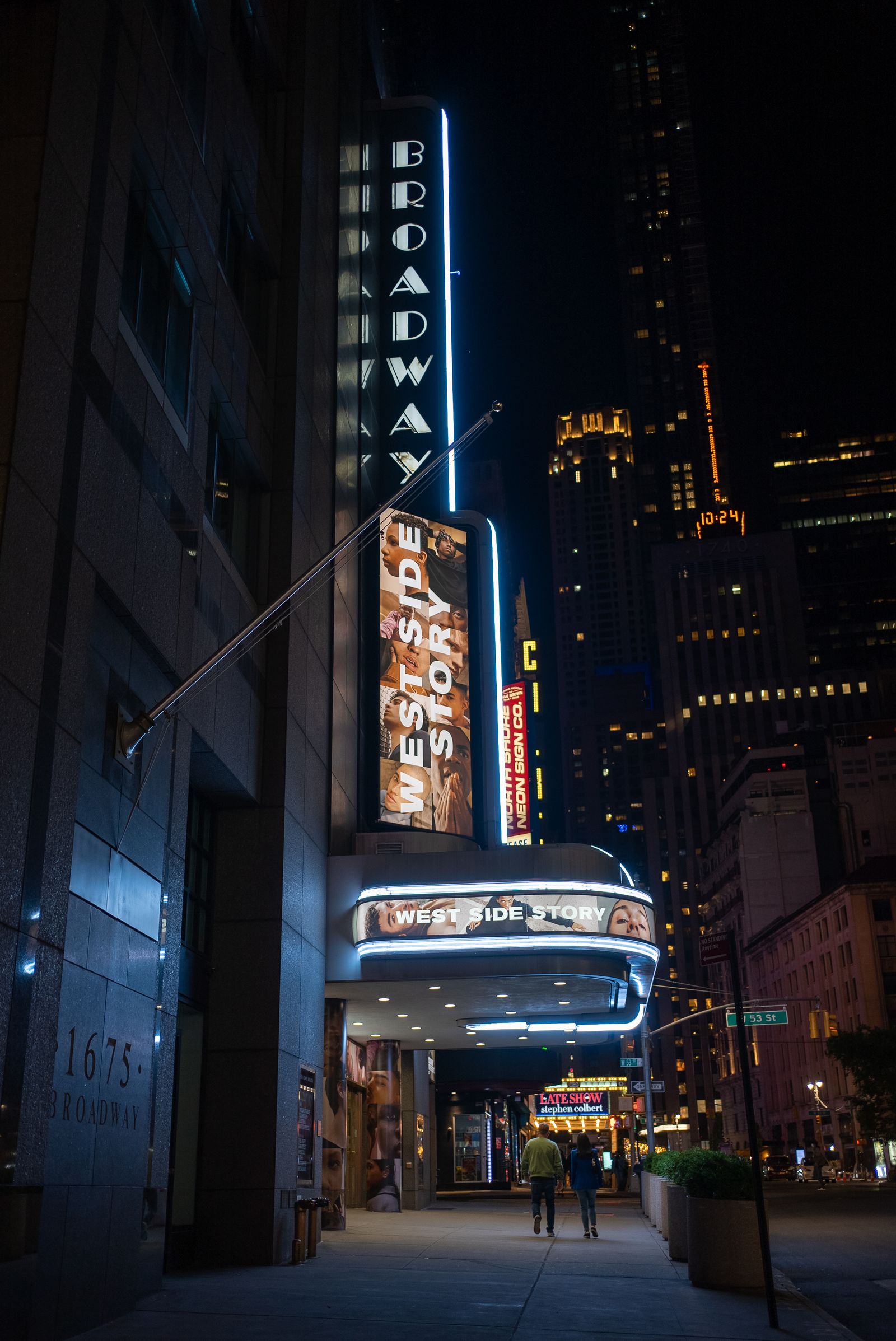 Broadway theater marquee lit up at night