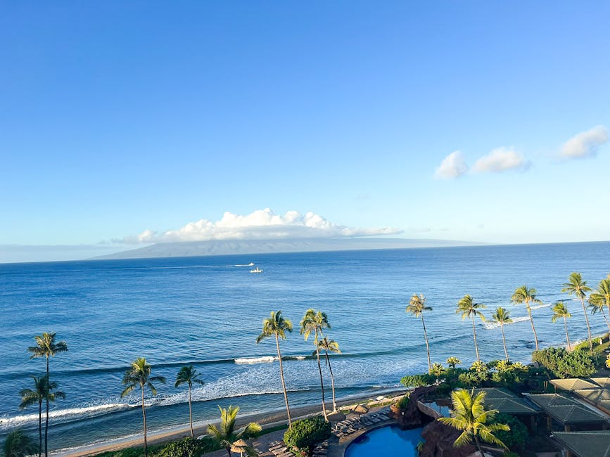 Photo by Upgraded Points Aerial view of the lush Maui coastline with palm trees and clear blue waters.