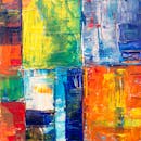 这幅色彩缤纷的抽象画，纹理大胆，几何形状鲜明