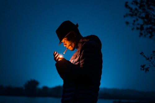 Close-Up Shot of a Man Lighting a Cigarette