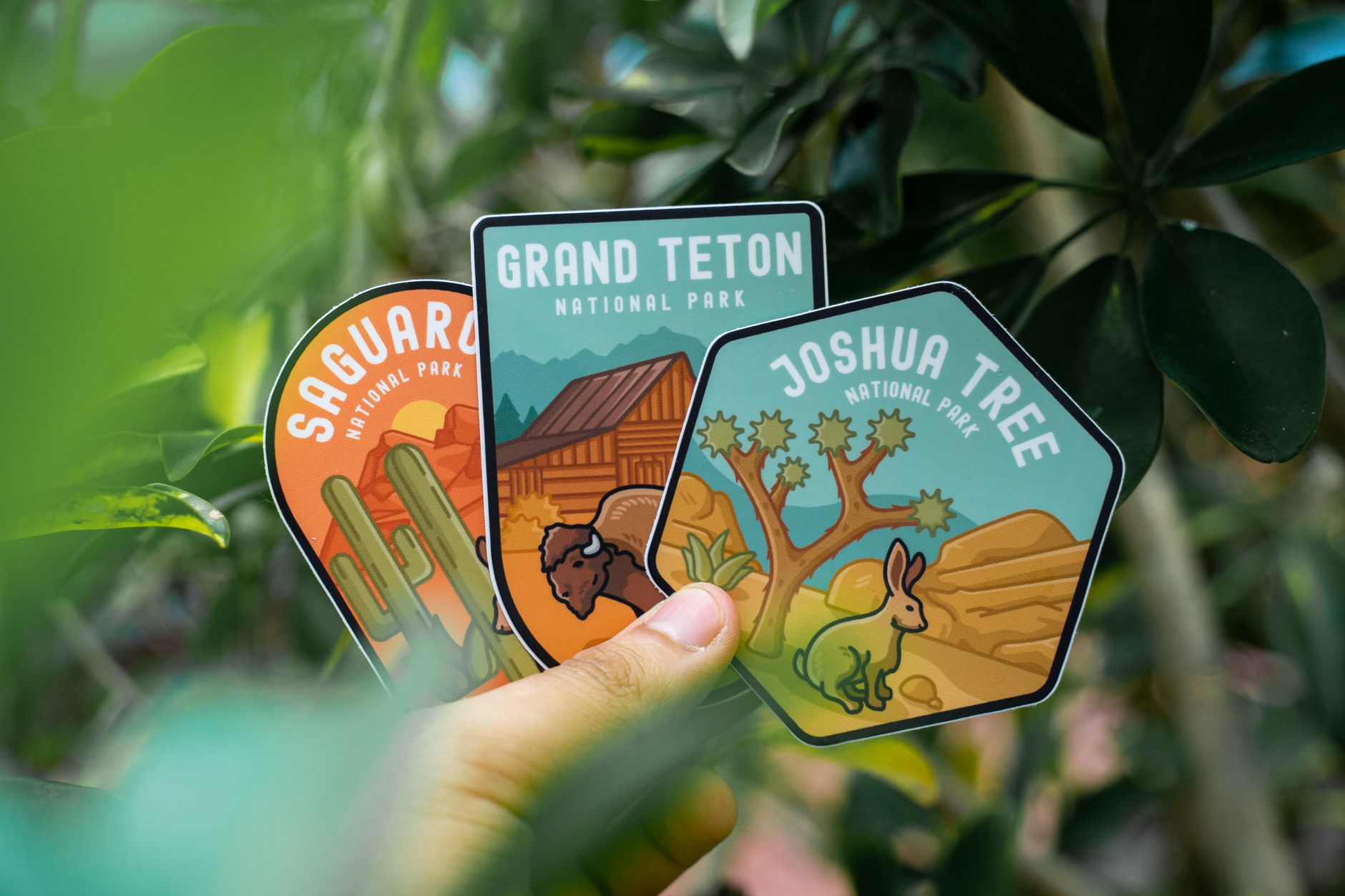 Custom stickers held in nature