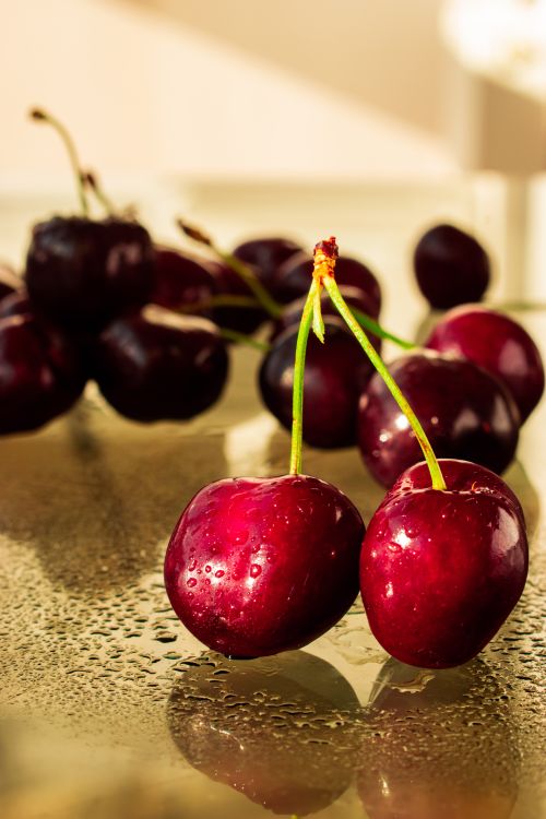 Free Close-up of fresh red cherries with water droplets on a reflective surface. Stock Photo