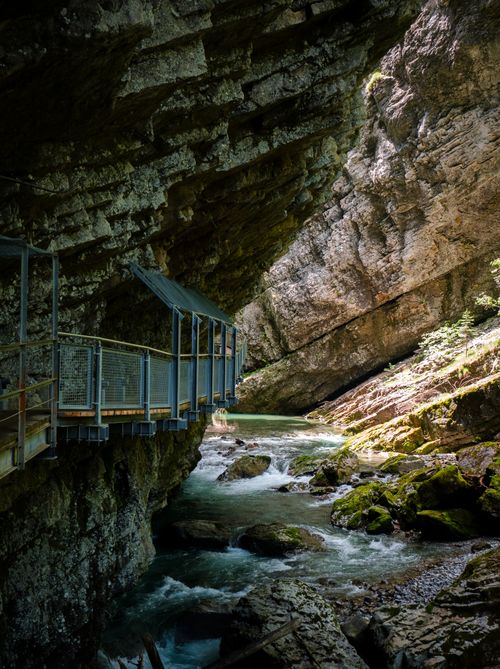 Free Beautiful mountain stream flows through rocky gorge in Oberstdorf, Germany. Stock Photo