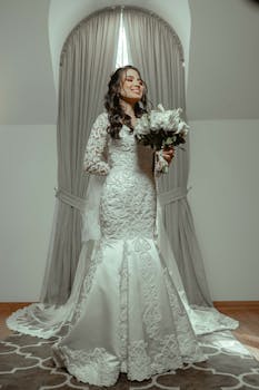 Young bride in a lace wedding dress holding a bouquet, smiling indoors.