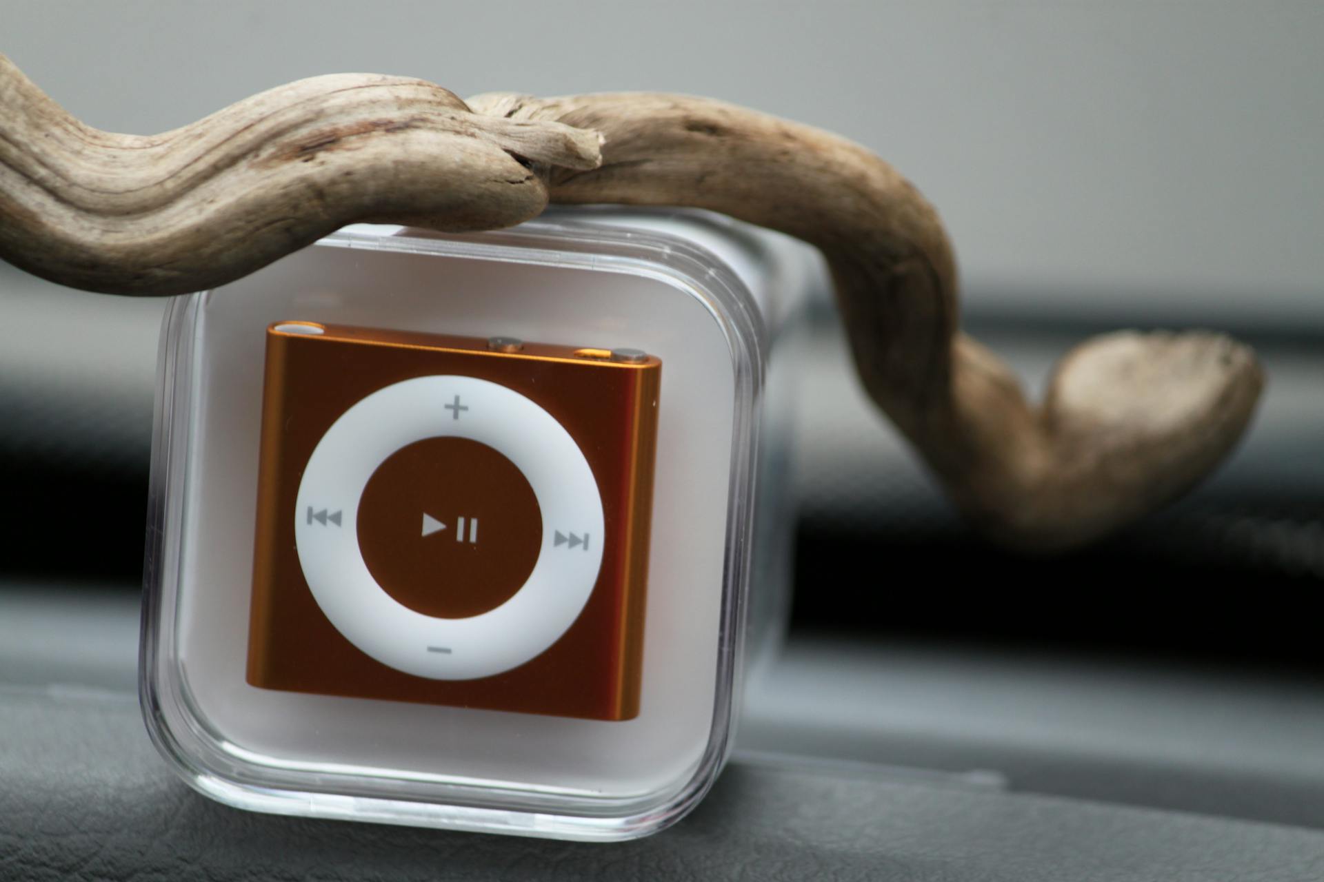 Close-up of a compact music player encased in clear plastic with wooden element.