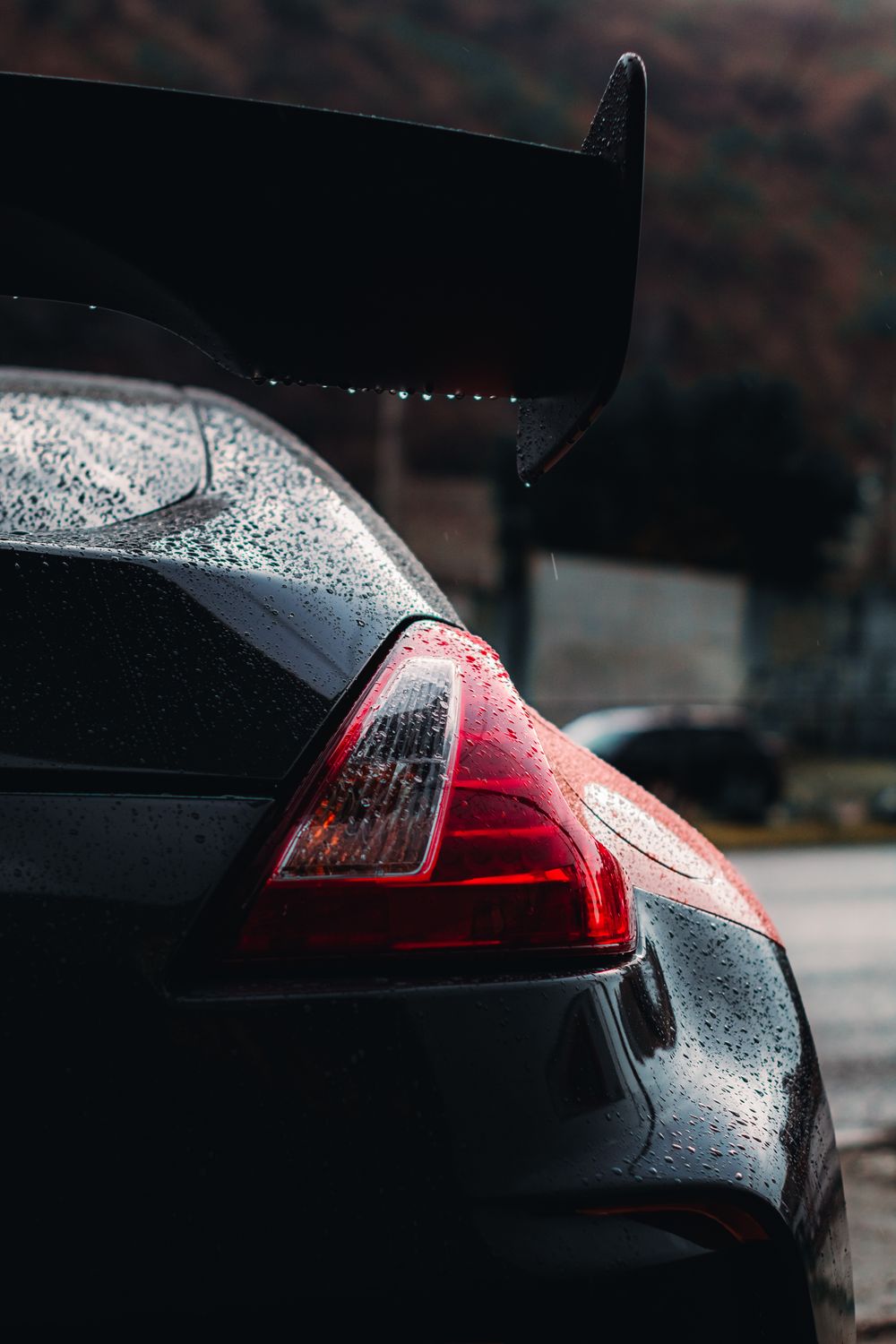 Rear of a glossy black sports vehicle with water beading on the paint