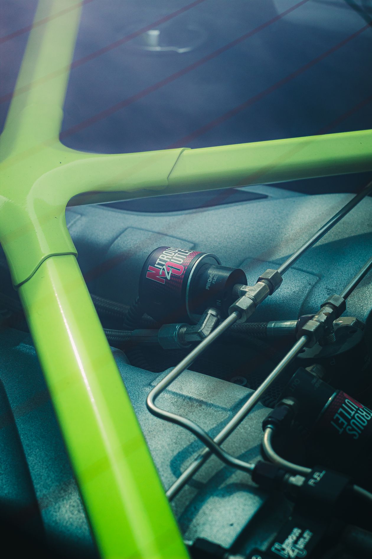 High-performance engine bay with visible turbo pipework
