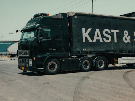 A large industrial truck parked in an urban setting, showcasing transportation industry visuals.