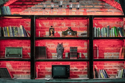 A vintage bookshelf featuring books, an owl statue, radio, and TV against a brick wall in a cozy library.