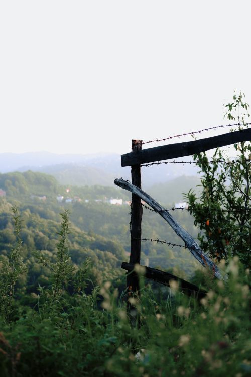 Free Captivating view of a rustic barbed wire fence against a serene mountain backdrop. Stock Photo