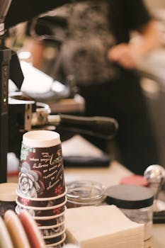 Stack of colorful paper coffee cups on a cafe counter with blurred background.