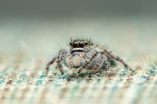 Detailed macro photograph of a fluffy jumping spider showing its eight eyes and hairy legs.