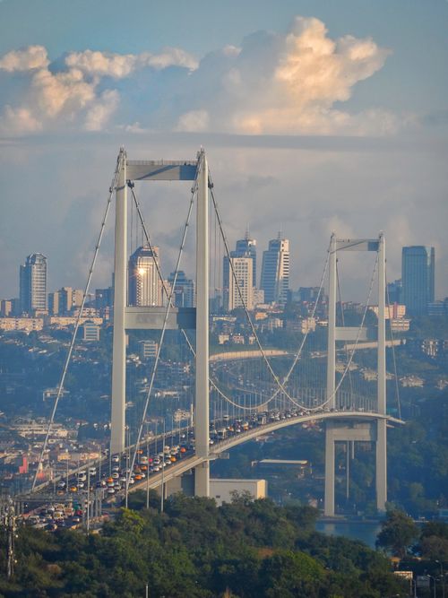 Free Aerial view of the Bosphorus Bridge connecting Europe and Asia in Istanbul, Turkey. Stock Photo