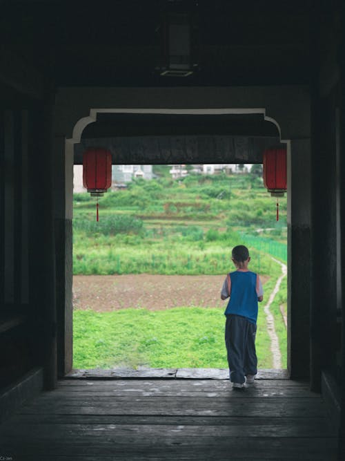 Back View of a Boy Standing Under the Hanging Lantern 