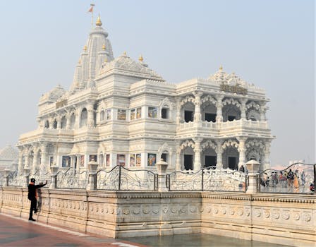 Captivating image of Prem Mandir, a Hindu temple in Vrindavan, India, showcasing stunning architecture.